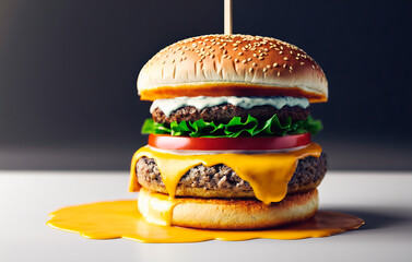 Hamburger with cheese sauce on a black background. Copy space.