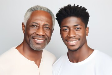 Portrait of old and young african american handsome men, in studio white background, face skin care