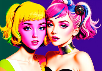 Two beautiful young women with bright make-up.