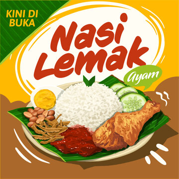 Malaysia food Nasi Lemak with Fried Chicken and Banana Leaf illustration vector 