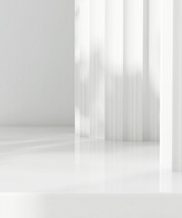 Corrugated roman pillar style on white glossy shelf counter in sunlight for luxury fashion, beauty,...