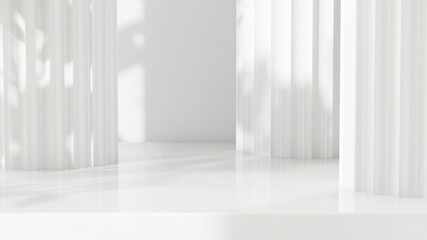 Corrugated roman pillar style on white glossy shelf counter in sunlight for luxury fashion, beauty,...