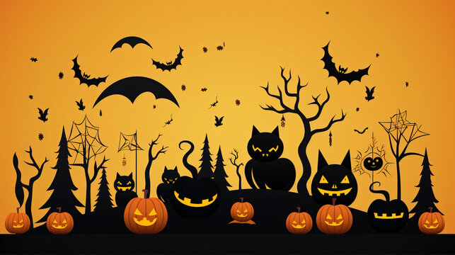 Halloween spooky scene wide background with spooky Halloween characters