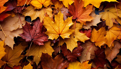 Naklejka na ściany i meble Dry maple leaves autumnal background , generative AI