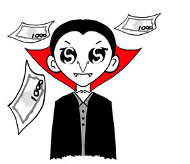 Dracula cartoon with dollar bill Isolated