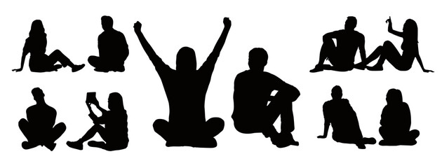 Vector set of detailed silhouettes male and female sitting on the floor isolated on white background. Vector illustration