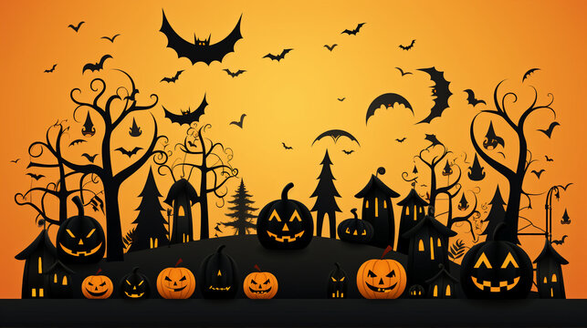 Halloween spooky scene wide background with spooky Halloween characters