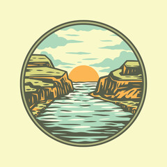 River cliff nature scenery badge logo illustration
