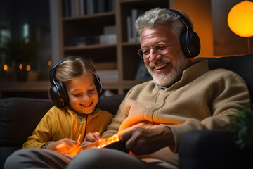 Happy grandfather and granddaughter listening to music on headphones while sitting on sofa in room. Family having fun together