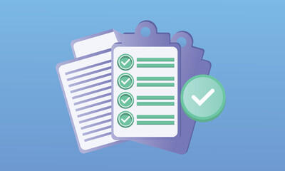 Documents Task Management Clipboard Efficient Work To-Do Checklist.on blue background.Vector Design Illustration.