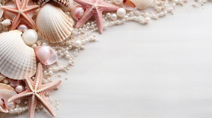 Obraz na płótnie Canvas Top view white pearls, exotic seashells and starfish on white background, marine banner with copy space