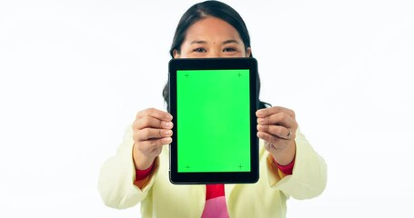Face, woman and advertising tablet with green screen, ux space and sign up offer in studio on white background. Portrait of model, digital marketing and tracking markers for mockup, promotion or deal