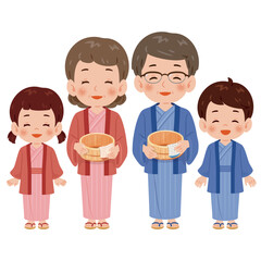 温泉　浴衣を着た中年の男女と子ども