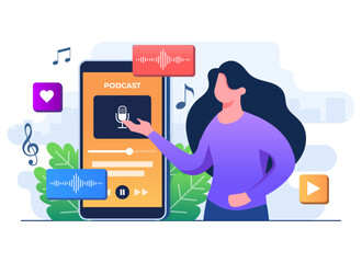 Female character listen to podcast on smartphone screen flat illustration vector template, Webinar concept, online course or tutorial, Radio, Webcast live, Streaming podcast, Online education