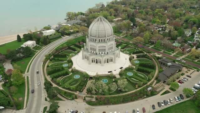 Aerial shot of Chicago White Temple House of Worship. Wide move footage