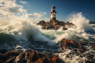 Stone lighthouse standing tall against crashing waves, a symbol of resilience, Generative AI - obrazy, fototapety, plakaty