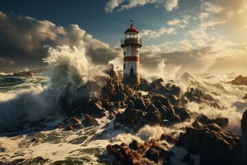 Fototapeta na wymiar Stone lighthouse standing tall against crashing waves, a symbol of resilience, Generative AI