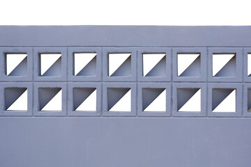 Gray painted concrete fence wall with geometric pattern of ventilation blocks isolated on transparent background, png file