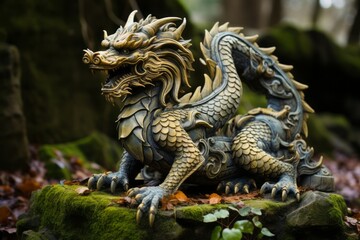 Fototapeta premium Stone statue of a mythical creature, adding intrigue to a garden or park, Generative AI