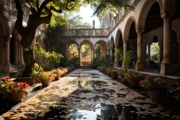 Stone-covered courtyard with a central fountain, creating a tranquil oasis in the heart of a bustling city, Generative AI