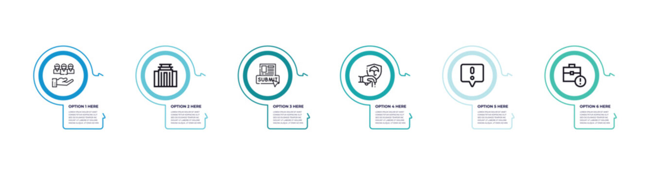 Office, Company Structure, Application, Onboarding, Grievance, Profiles Outline Icons. Infographic Template.