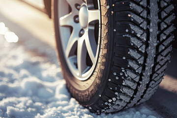 Close-up of a car wheel with winter tyre on the road - obrazy, fototapety, plakaty