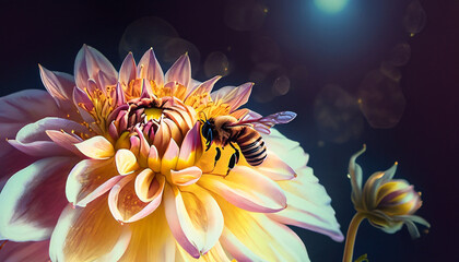 Fototapeta premium A bee sitting on a dahlia flower in the moonlight. Generative AI