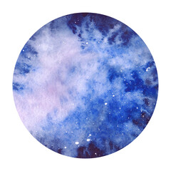Abstract watercolor round background with a nebula, hand-drawn. Multicolored background with gradient. The night sky with stars. The texture of watercolor on paper.
