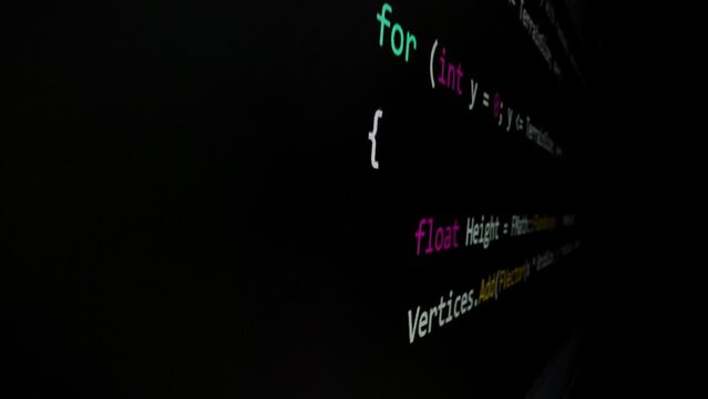 Closeup macro shot movement of coding script moving across LED screen with real-time AI-generated typing, showcasing advanced AI learning in optimization, debug and coding for software development.