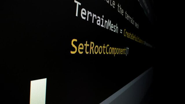 Closeup macro shot movement of coding script moving across LED screen with real-time AI-generated typing, showcasing advanced AI learning in optimization, debug and coding for software development.