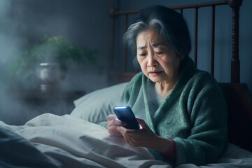 Insomnia senior Asian woman using mobile phone in bed - obrazy, fototapety, plakaty