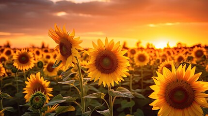 A field of sunflowers blooms beautifully in the golden light of sunset.