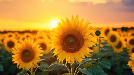 Obraz premium A field of sunflowers blooms beautifully in the golden light of sunset.
