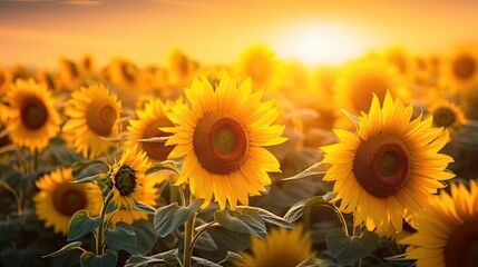 Obraz premium A field of sunflowers blooms beautifully in the golden light of sunset.