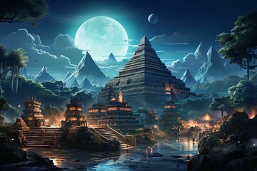 Mayan Temple At the center of the illustration - obrazy, fototapety, plakaty