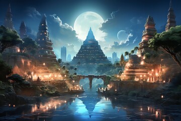 Mayan Temple At the center of the illustration - obrazy, fototapety, plakaty
