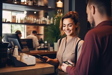 Female cashier in coffee shop smiling working serving customers who pay by credit card. Receive payments via NFC technology - obrazy, fototapety, plakaty