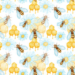 Seamless pattern with bee, honey and flowers. Watercolor yellow and blue background with insects
