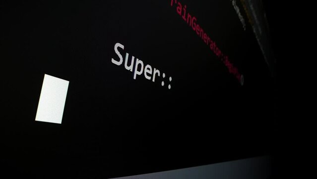 Closeup macro shot movement of coding script moving across LED screen with real-time AI-generated typing, showcasing advanced AI learning in optimization, debug and coding for software development.