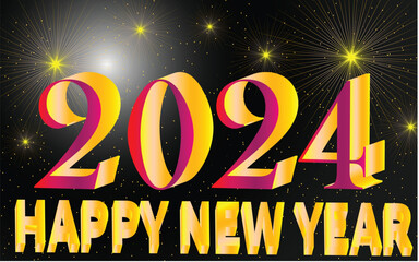 2024 Happy new year banner with firework sky, 3d fonts, celebration background for new year 2024