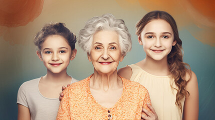 Young daughter, her radiant mother, and a contented grandmother stand in a row at home, all three looking at the camera with smiles for a multigenerational family portrait..