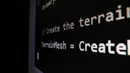 Closeup macro shot movement of coding script moving across LED screen with real-time AI-generated typing, showcasing advanced AI learning in optimization, debug and coding for software development.