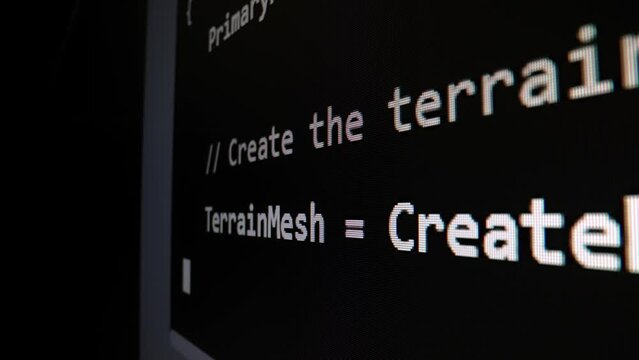 Closeup macro shot movement of coding script moving across LED screen with real-time AI-generated typing, showcasing advanced AI learning in optimization, debug and coding for software development.