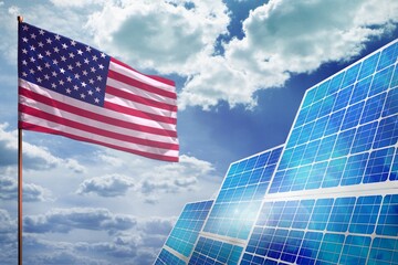 USA solar energy, alternative energy industrial concept with flag industrial illustration - fight with global climate changing, 3D illustration