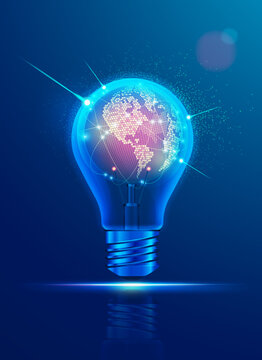 concept of communication technology or digital transformation, graphic of realistic light bulb with futuristic globe inside
