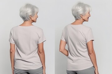 old grandmother wearing casual t-shirt. Side view, back and front view mockup template for print t-shirt design mockup - obrazy, fototapety, plakaty