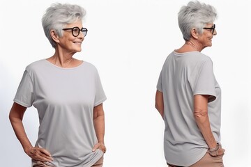 old grandmother wearing casual t-shirt. Side view, back and front view mockup template for print t-shirt design mockup - Powered by Adobe