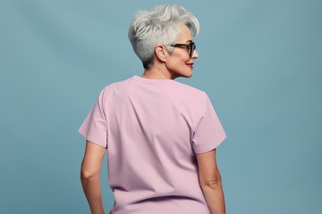 old grandmother wearing casual t-shirt. Side view, back and front view mockup template for print t-shirt design mockup - obrazy, fototapety, plakaty