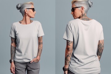 old grandmother wearing casual t-shirt. Side view, back and front view mockup template for print t-shirt design mockup
