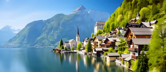 Deurstickers mountains surrounding a town on a lake © shirly